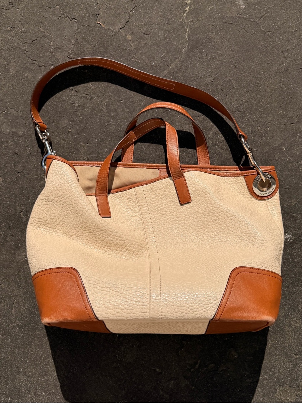 Vintage Coach Cream and Brown Leather Tote Bag with Adjustable Strap
